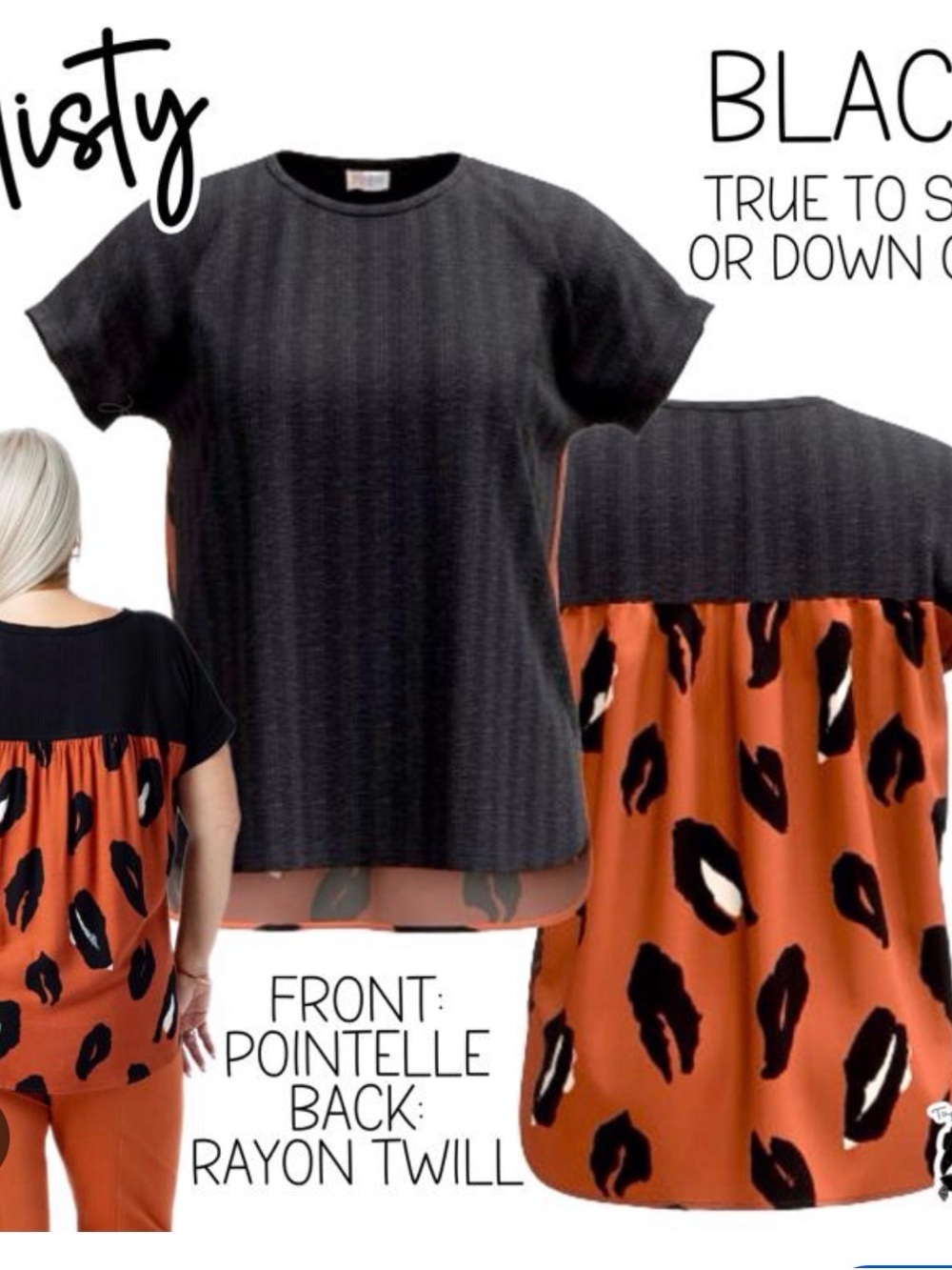 LuLaRoe Black and Orange Pointelle Front with Animal-Print Back Top